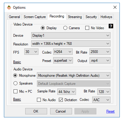 screen recording advanced settings