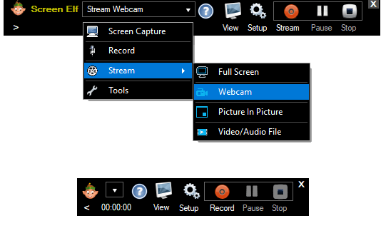 screen elf live streamming, screen recording and capture menus. 